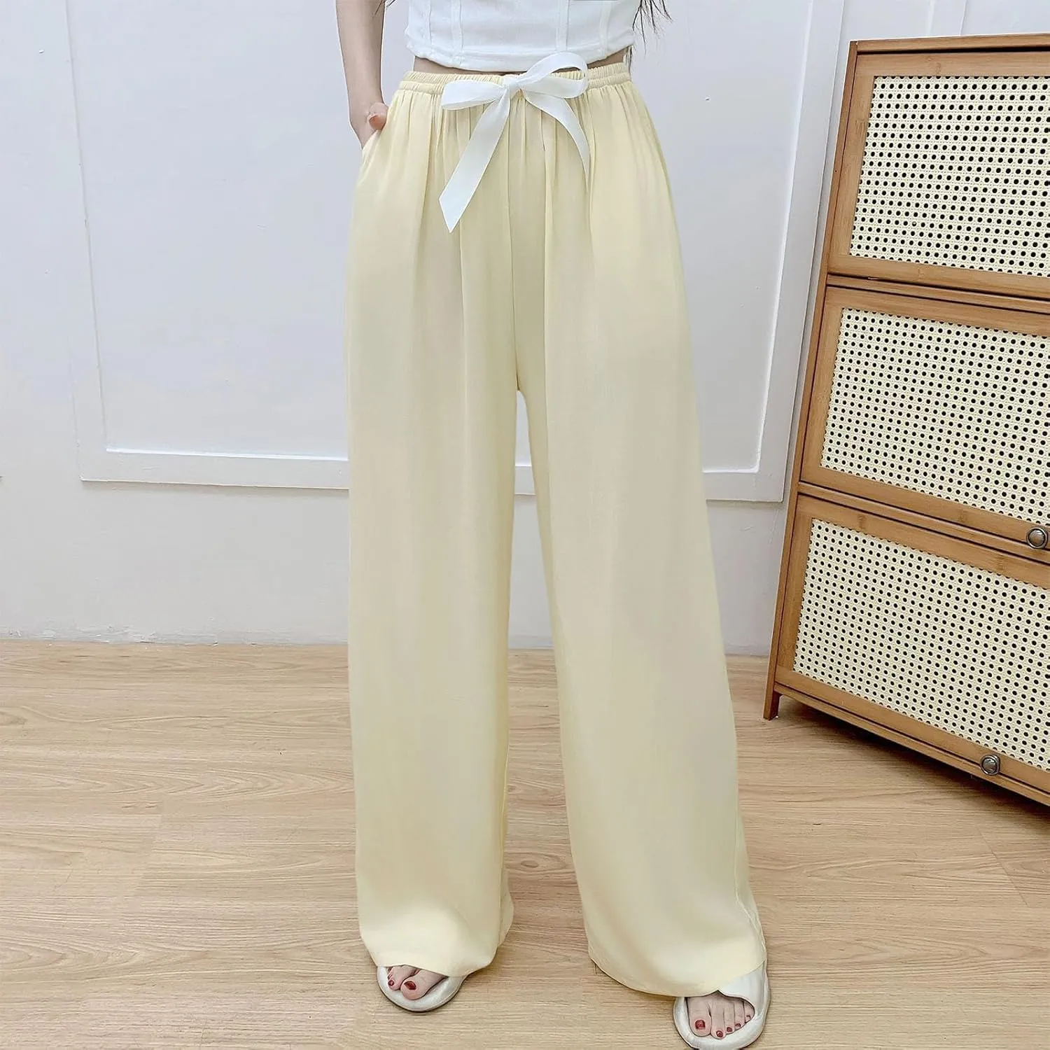 Palazzo Pants for Women Casual Cotton Linen Wide Leg Pants Elastic Waist Trousers with Pockets Summer Beach Loungewear