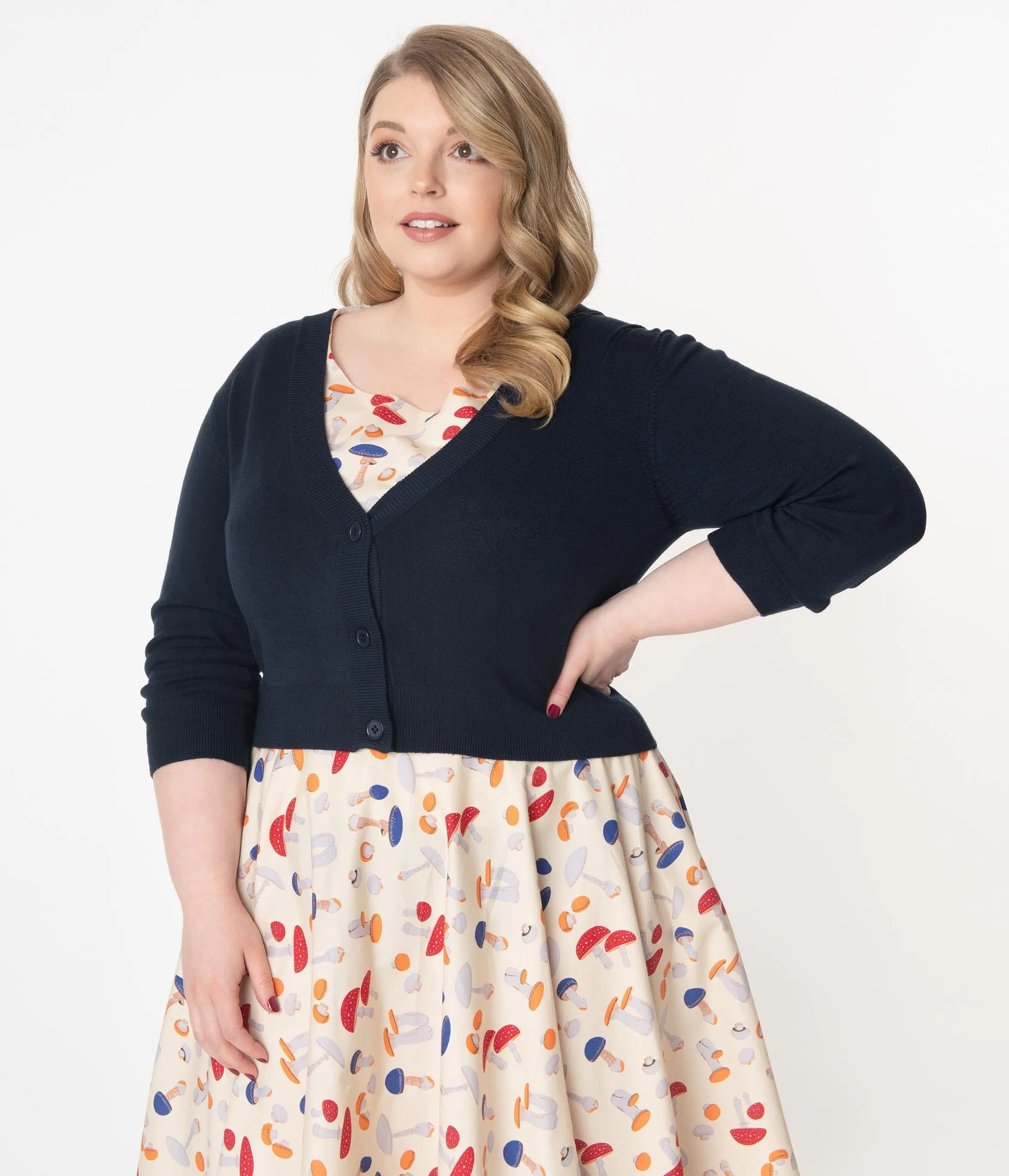 Plus Size Navy Blue Three-Quarter Sleeve Button Up Crop Cardigan