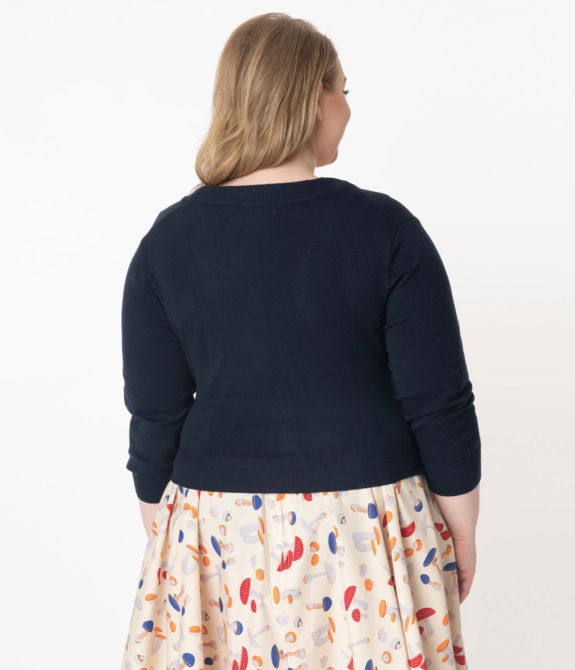 Plus Size Navy Blue Three-Quarter Sleeve Button Up Crop Cardigan