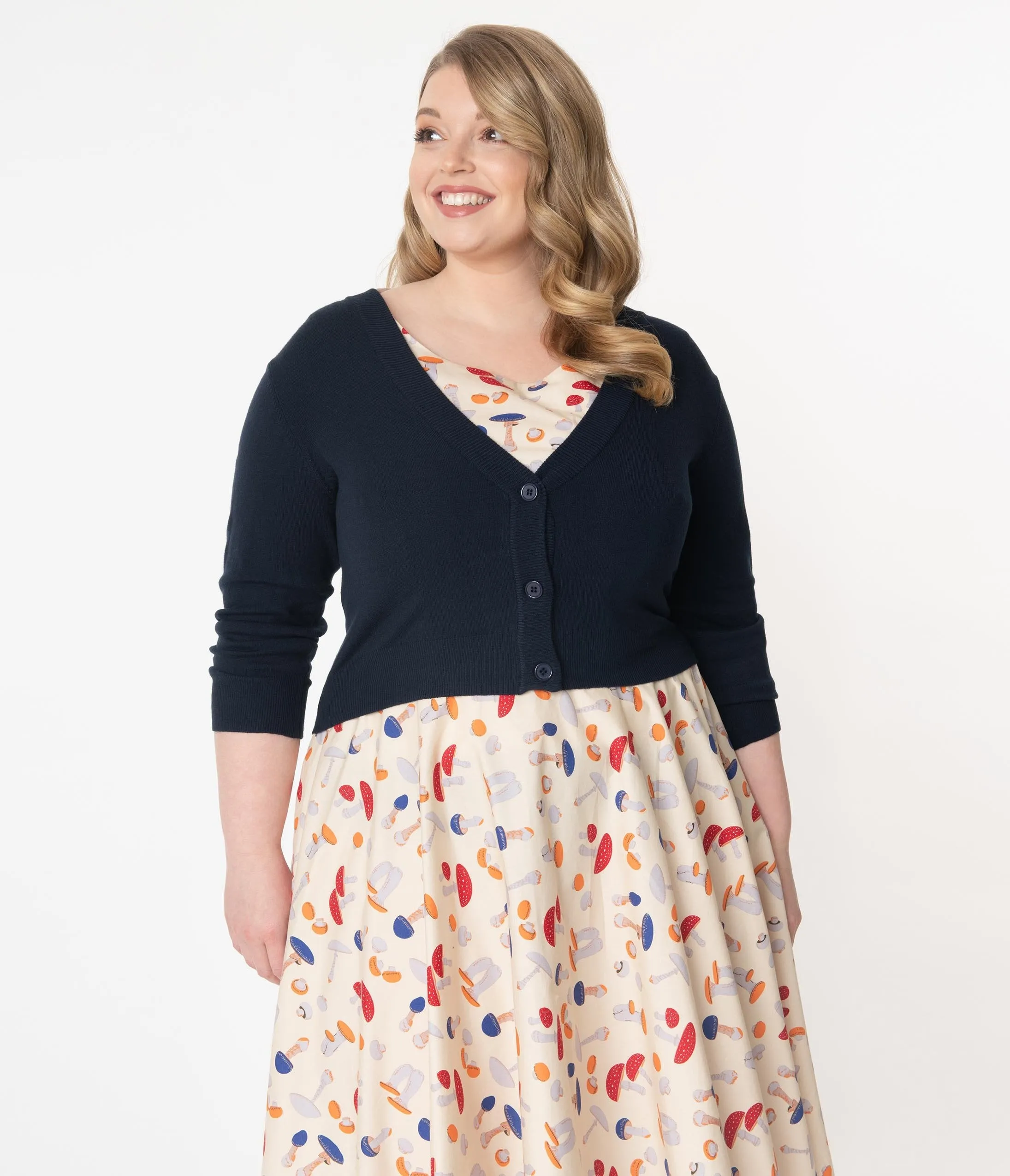 Plus Size Navy Blue Three-Quarter Sleeve Button Up Crop Cardigan