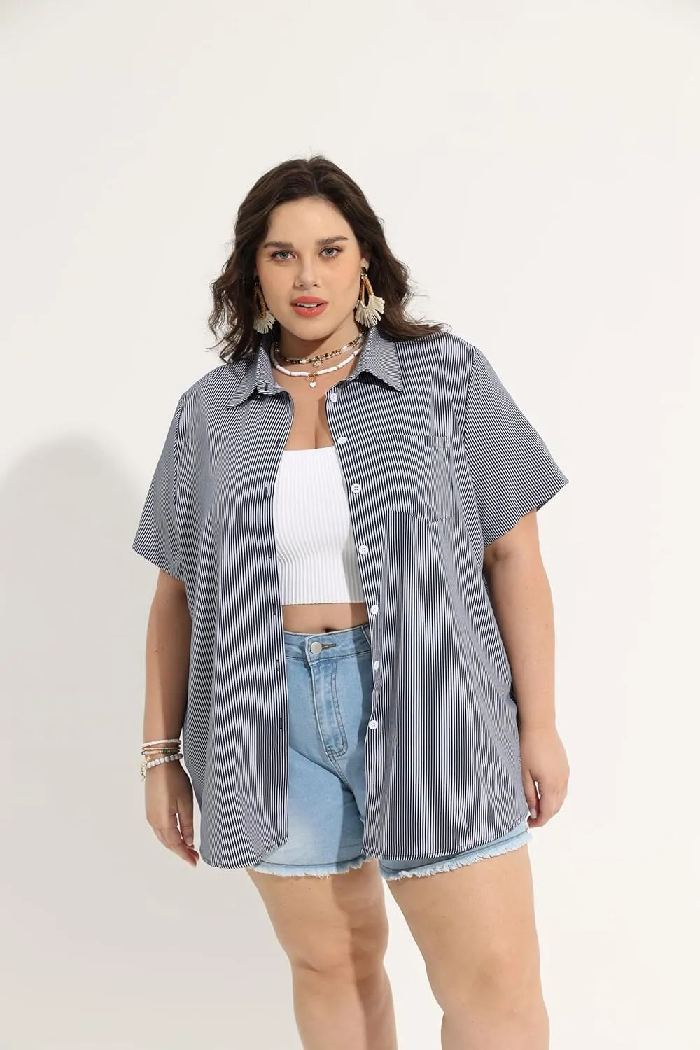 RITERA Womens Plus Size Tops Button Down Roll-Up Cuffed Short Sleeve Casual Shirts Collared Summer Lightweight Blouse XL-5XL