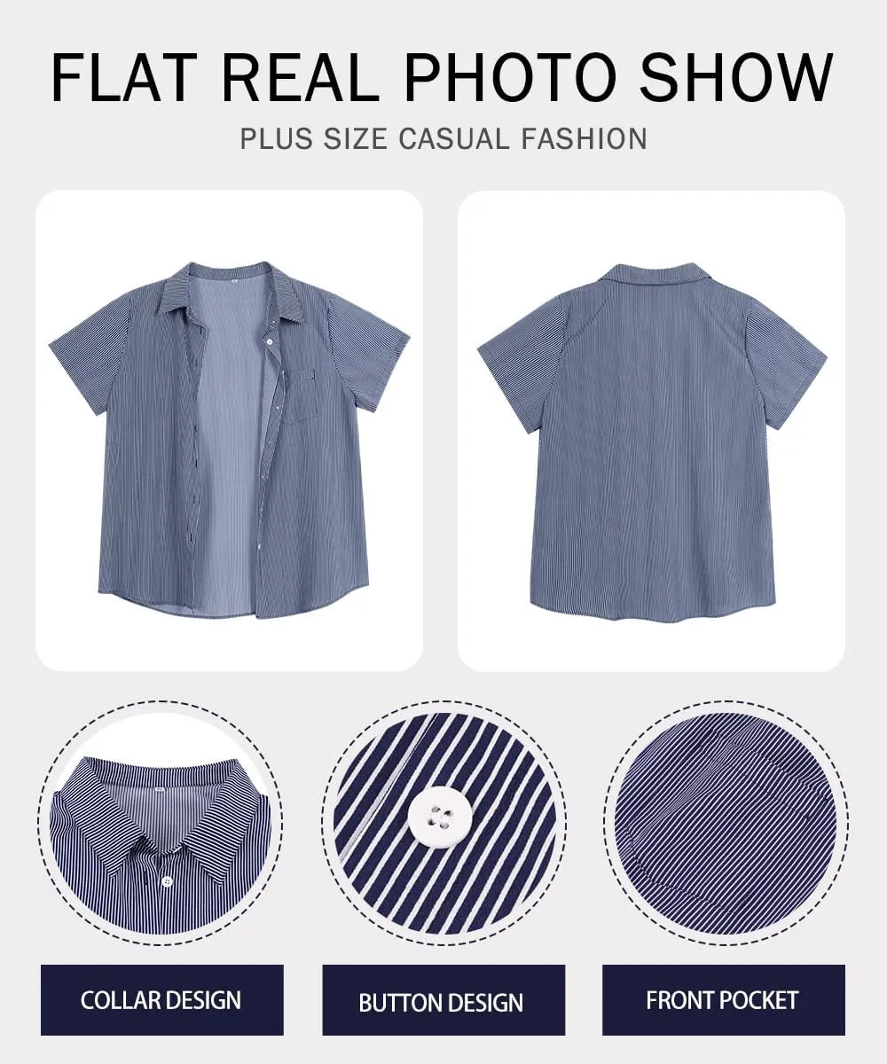 RITERA Womens Plus Size Tops Button Down Roll-Up Cuffed Short Sleeve Casual Shirts Collared Summer Lightweight Blouse XL-5XL