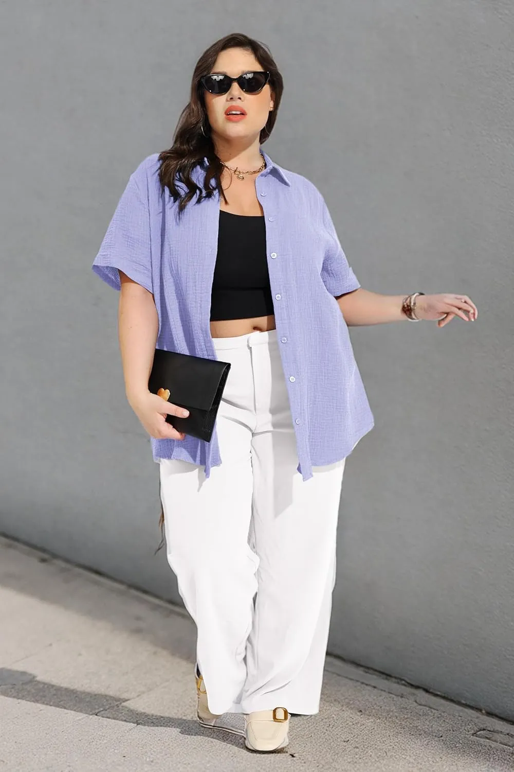 RITERA Womens Plus Size Tops Button Down Roll-Up Cuffed Short Sleeve Casual Shirts Collared Summer Lightweight Blouse XL-5XL