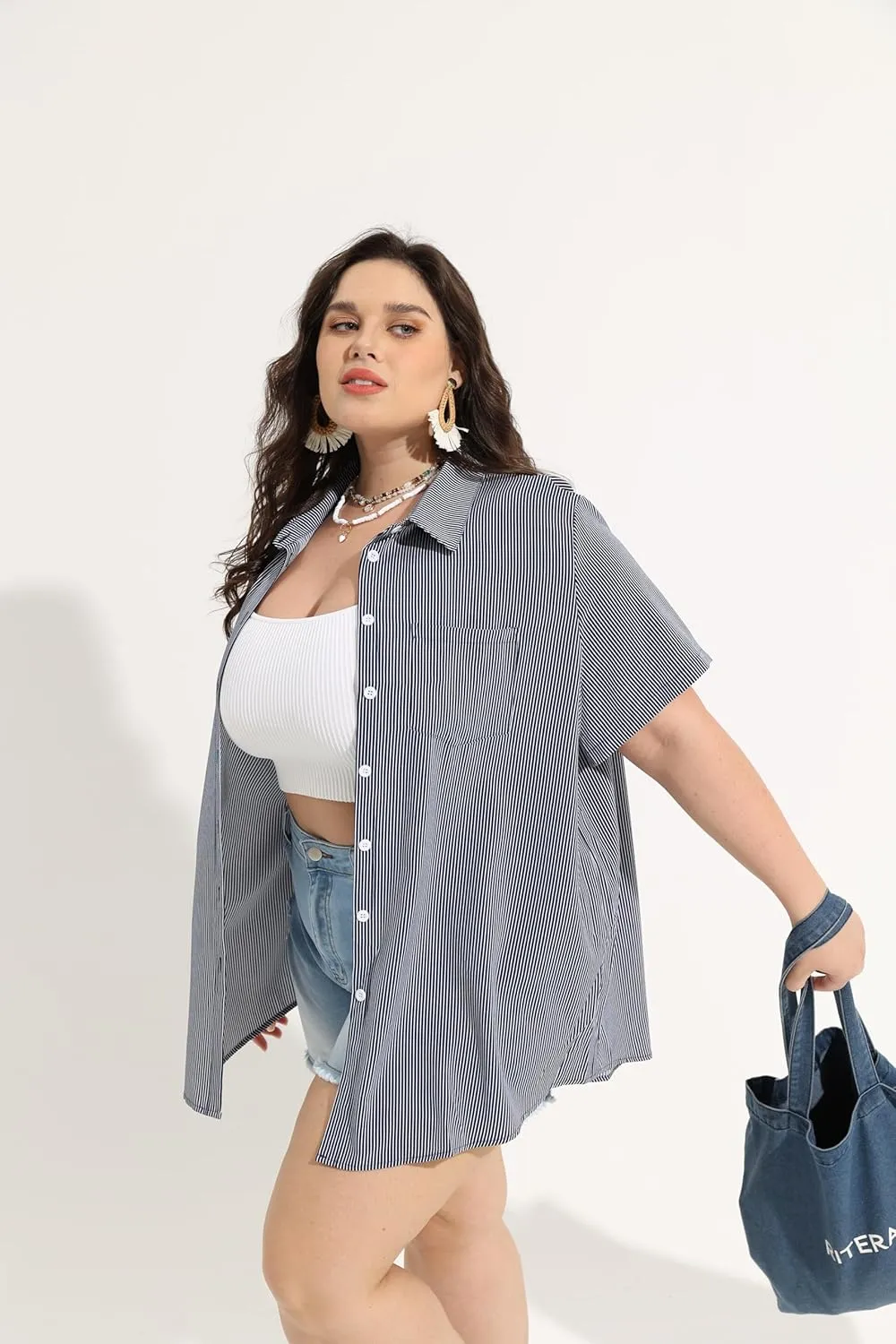RITERA Womens Plus Size Tops Button Down Roll-Up Cuffed Short Sleeve Casual Shirts Collared Summer Lightweight Blouse XL-5XL