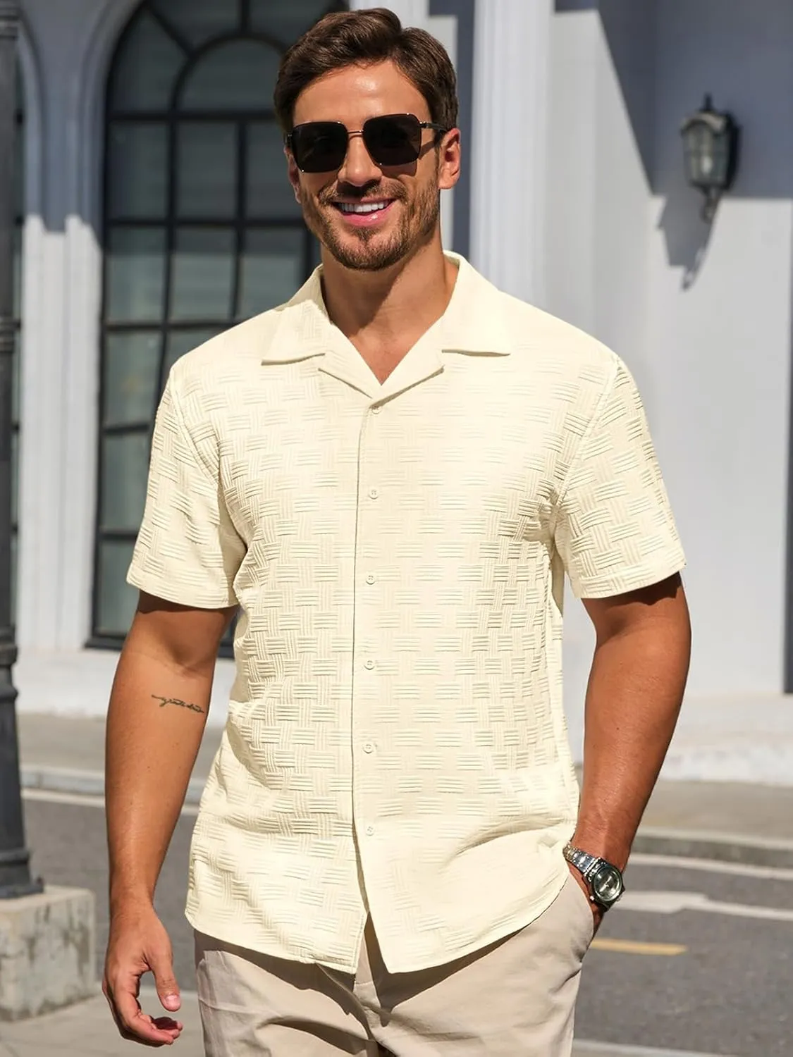 Runcati Mens Button Down Shirts Short Sleeve Casual Textured Shirt Summer Lightweight Stretchy Tops