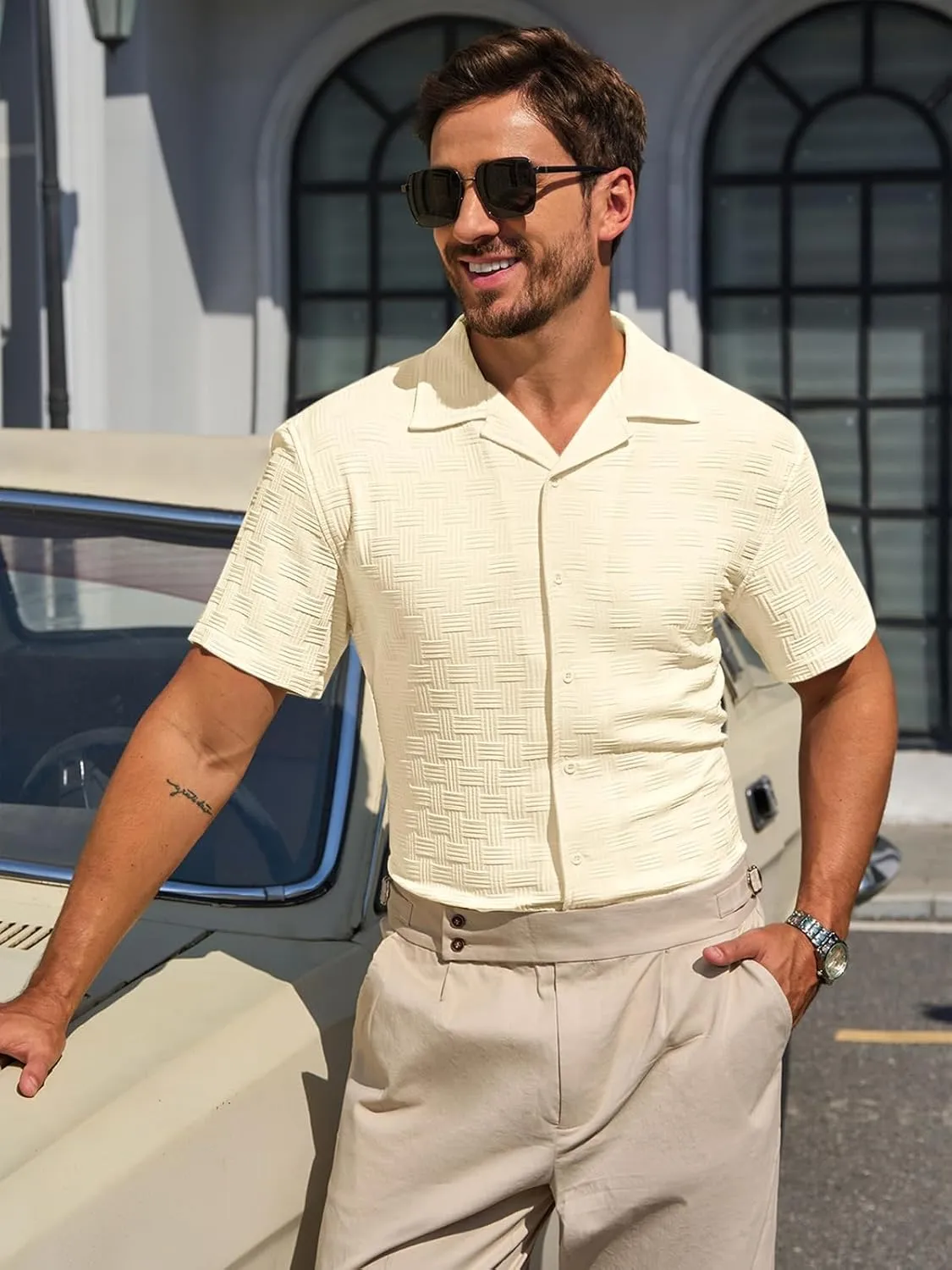 Runcati Mens Button Down Shirts Short Sleeve Casual Textured Shirt Summer Lightweight Stretchy Tops