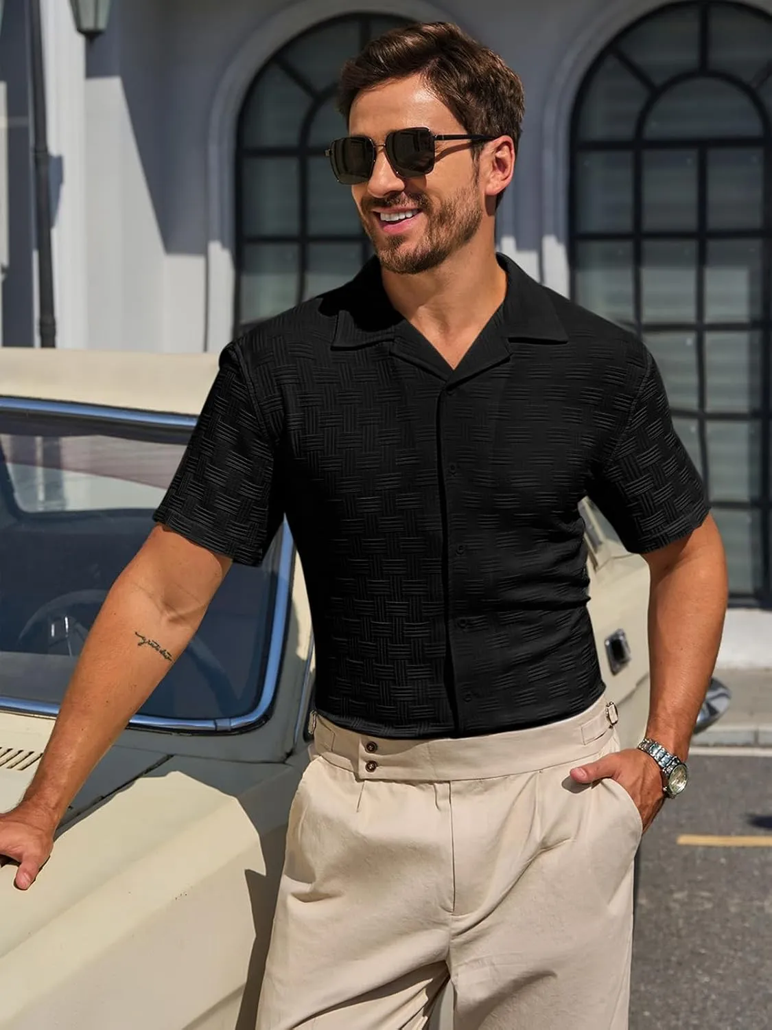Runcati Mens Button Down Shirts Short Sleeve Casual Textured Shirt Summer Lightweight Stretchy Tops
