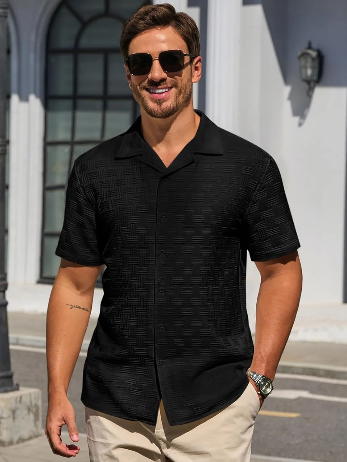 Runcati Mens Button Down Shirts Short Sleeve Casual Textured Shirt Summer Lightweight Stretchy Tops