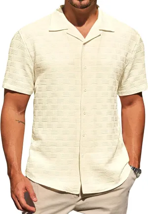 Runcati Mens Button Down Shirts Short Sleeve Casual Textured Shirt Summer Lightweight Stretchy Tops
