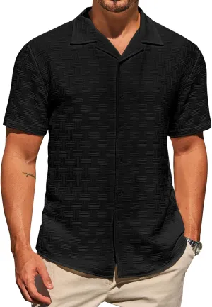 Runcati Mens Button Down Shirts Short Sleeve Casual Textured Shirt Summer Lightweight Stretchy Tops