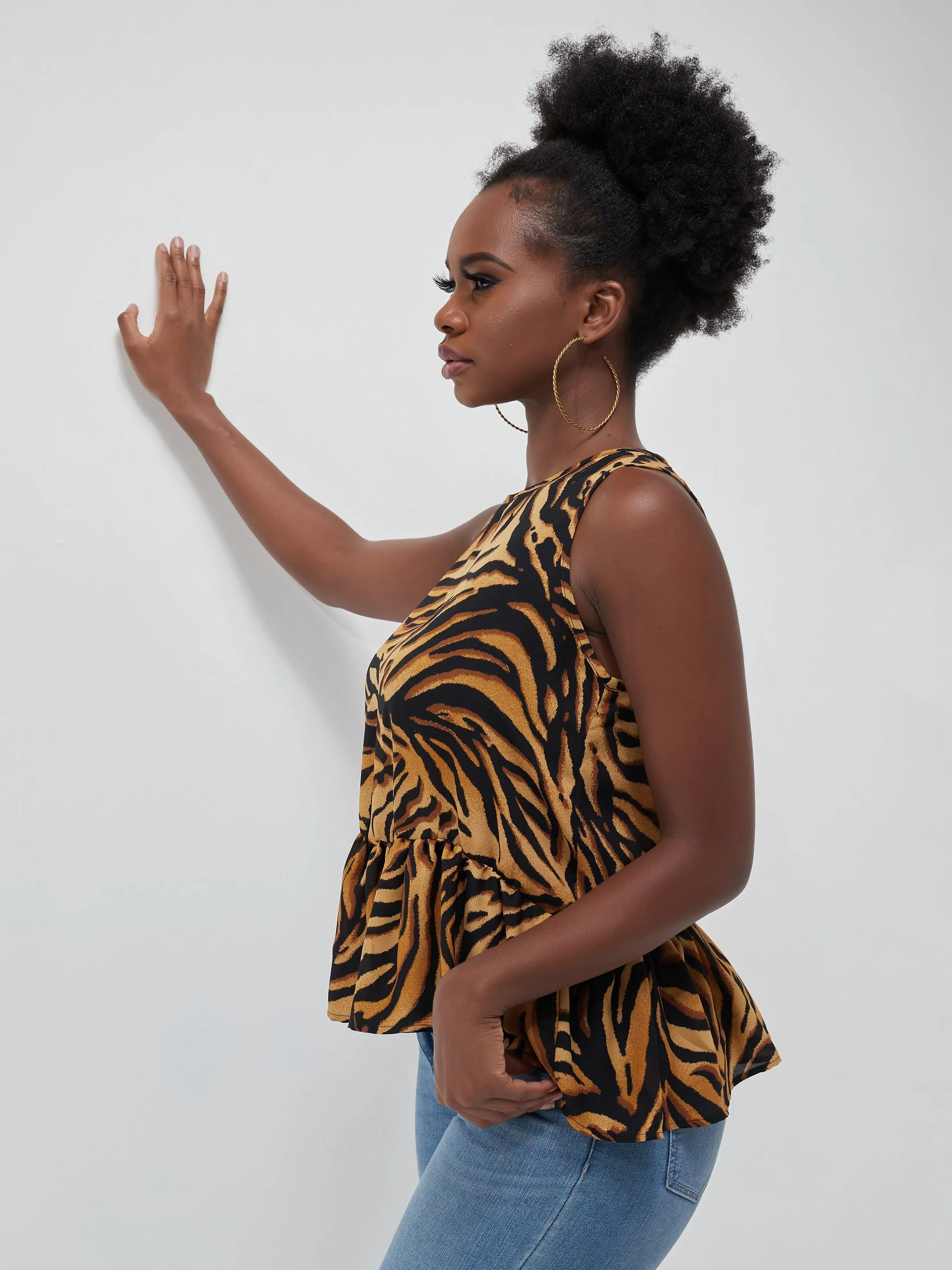 Safari Ayana Sleeveless Gathered Hem Top - Rust Tiger Print