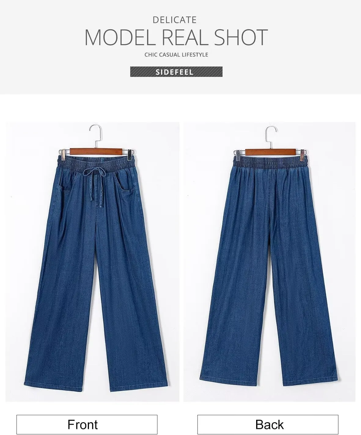 Sidefeel Women's Drawstring Wide Leg Jeans High Waisted Loose Fit Denim Pants