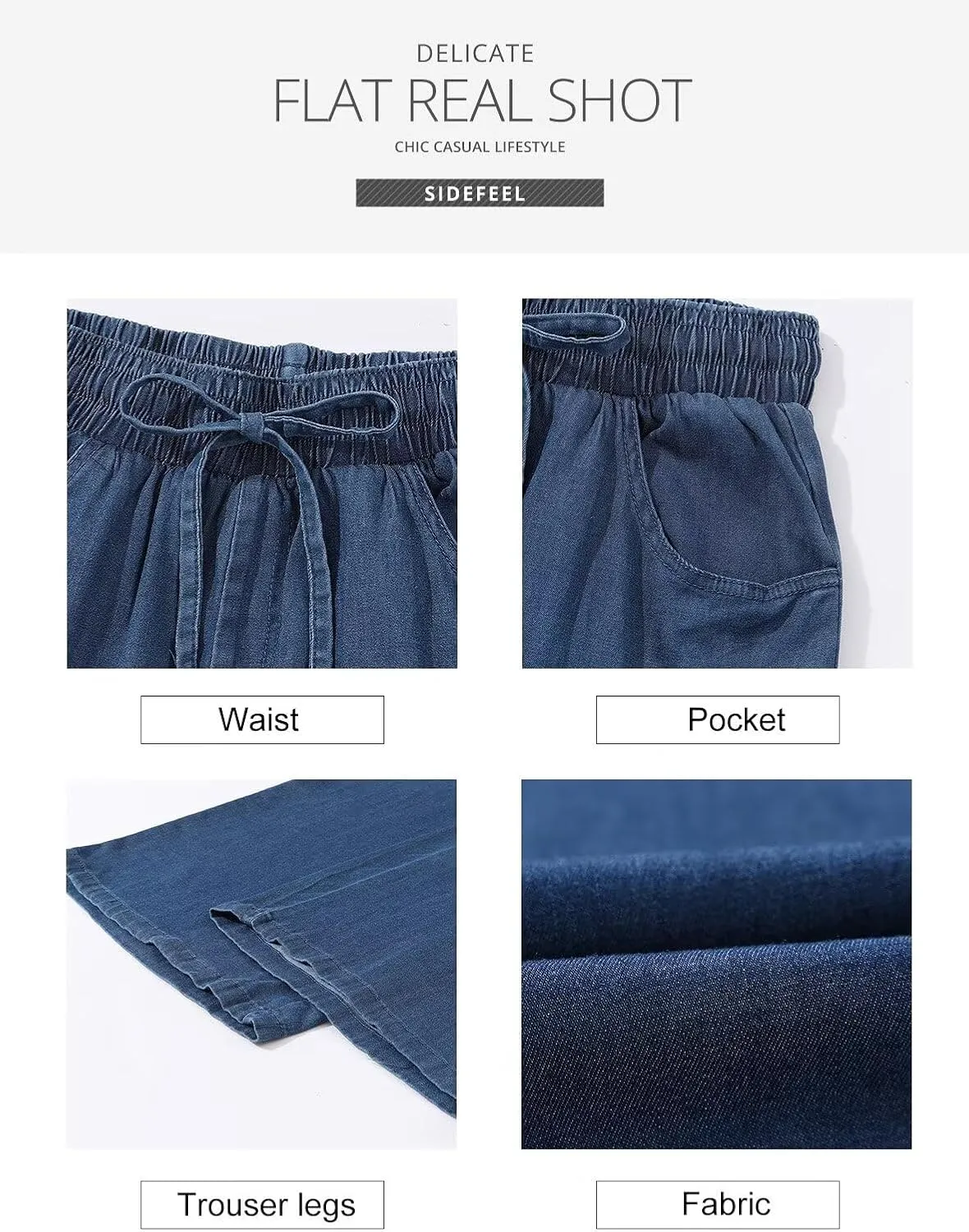 Sidefeel Women's Drawstring Wide Leg Jeans High Waisted Loose Fit Denim Pants