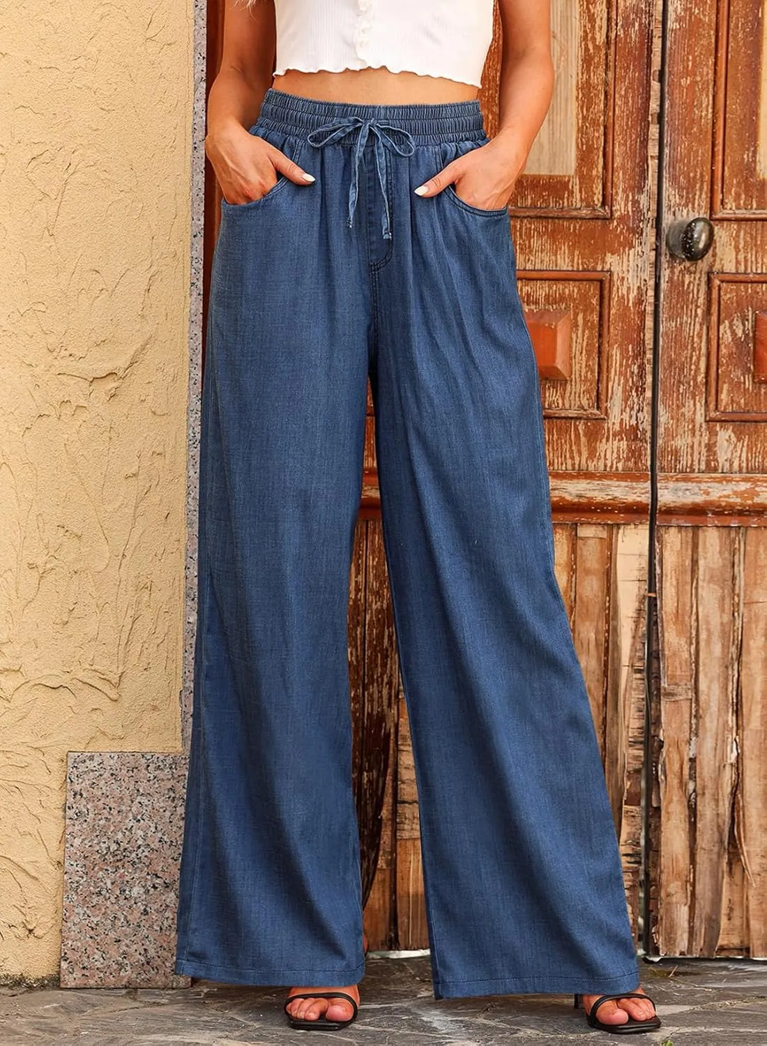Sidefeel Women's Drawstring Wide Leg Jeans High Waisted Loose Fit Denim Pants