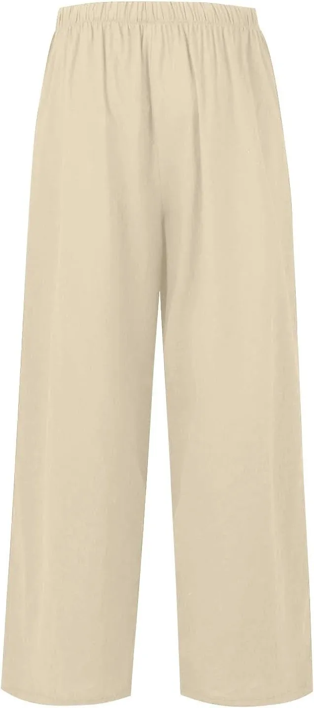 Summer Linen Pants Women Casual Drawstring Elastic Waist Palazzo Pants Flowy Boho Wide Leg Beach Trousers with Pockets