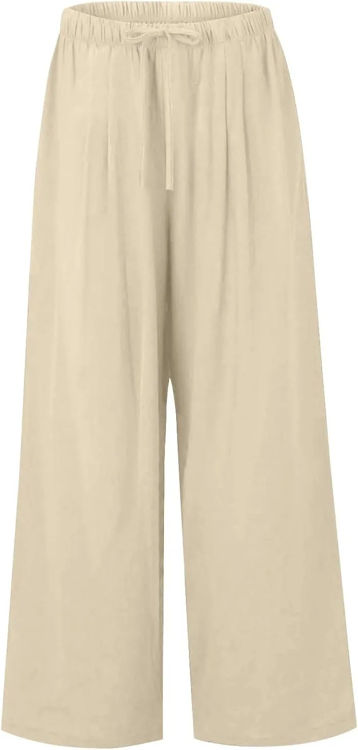 Summer Linen Pants Women Casual Drawstring Elastic Waist Palazzo Pants Flowy Boho Wide Leg Beach Trousers with Pockets