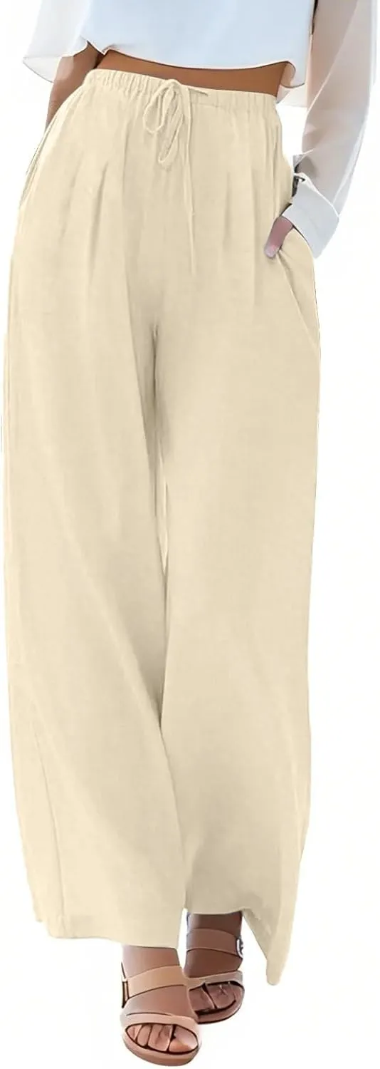 Summer Linen Pants Women Casual Drawstring Elastic Waist Palazzo Pants Flowy Boho Wide Leg Beach Trousers with Pockets