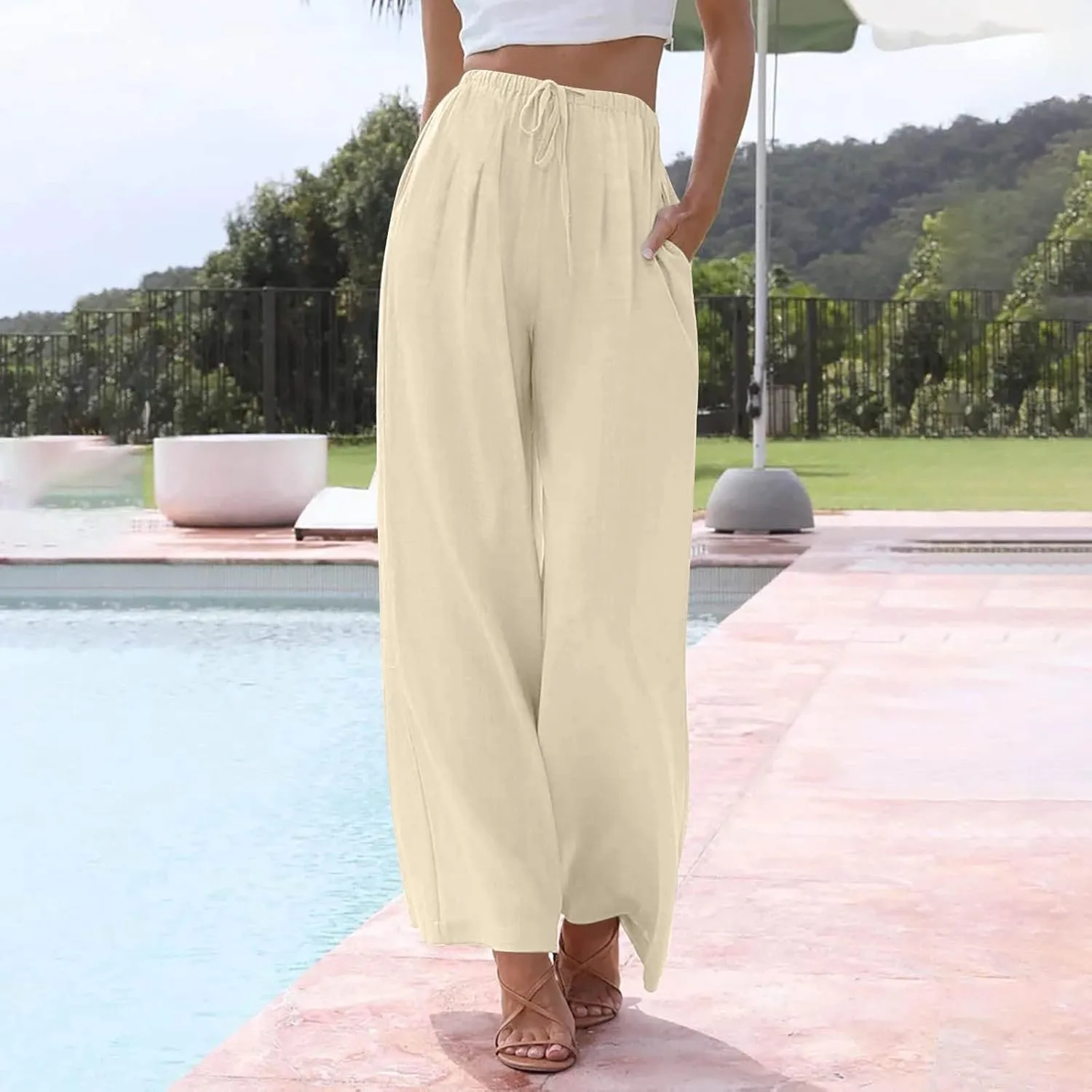 Summer Linen Pants Women Casual Drawstring Elastic Waist Palazzo Pants Flowy Boho Wide Leg Beach Trousers with Pockets