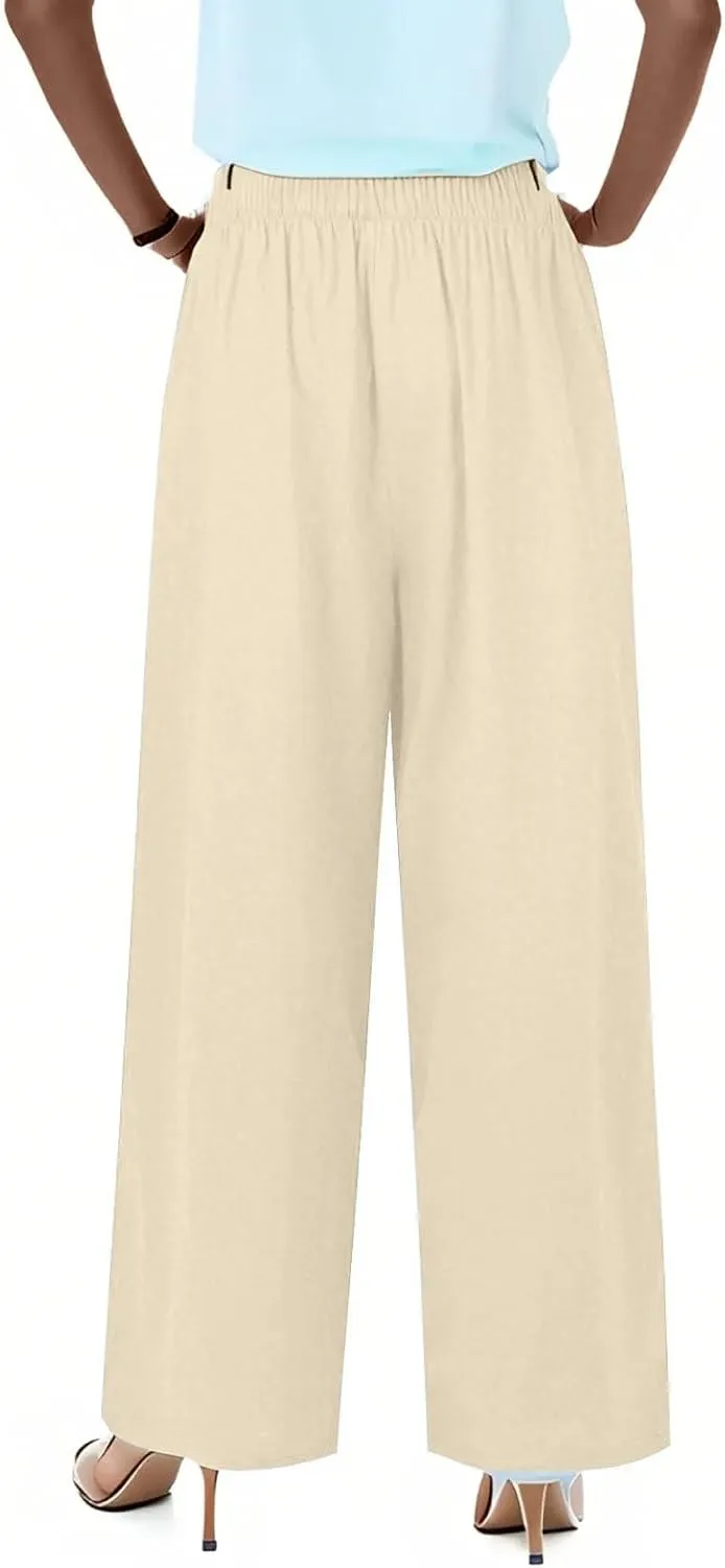 Summer Linen Pants Women Casual Drawstring Elastic Waist Palazzo Pants Flowy Boho Wide Leg Beach Trousers with Pockets
