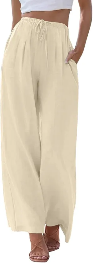 Summer Linen Pants Women Casual Drawstring Elastic Waist Palazzo Pants Flowy Boho Wide Leg Beach Trousers with Pockets