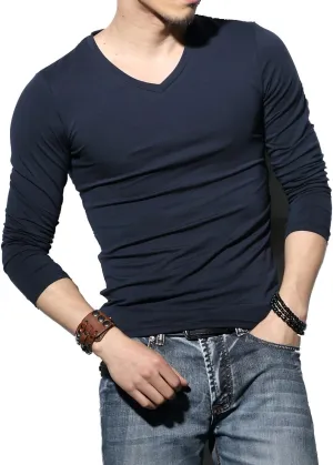 Sunshine Code Men's Seamless V-Neck Slim Fit Long Sleeve T-Shirt Undershirt Base Layer Top for Muscular Build
