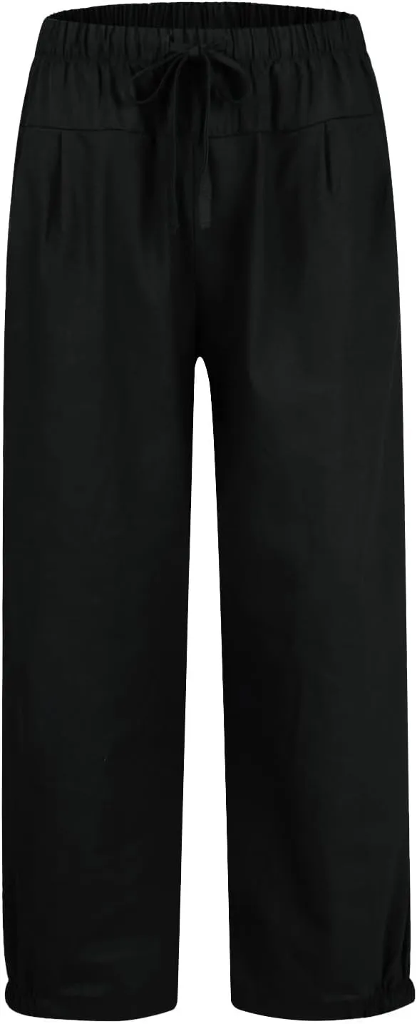 Wide Leg Linen Pants Women Drawstring Elastic High Waisted Baggy Capri Pants Casual Straight Leg Cropped Pants with Pockets