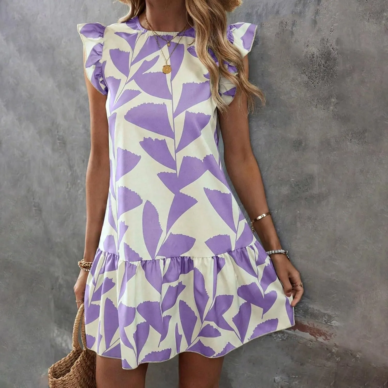 Women 2024 Summer Floral Dresses Flutter Sleeve Ruffle Loose Casual Mini Sundress Outdoor Elegant Beach Vacation Dress