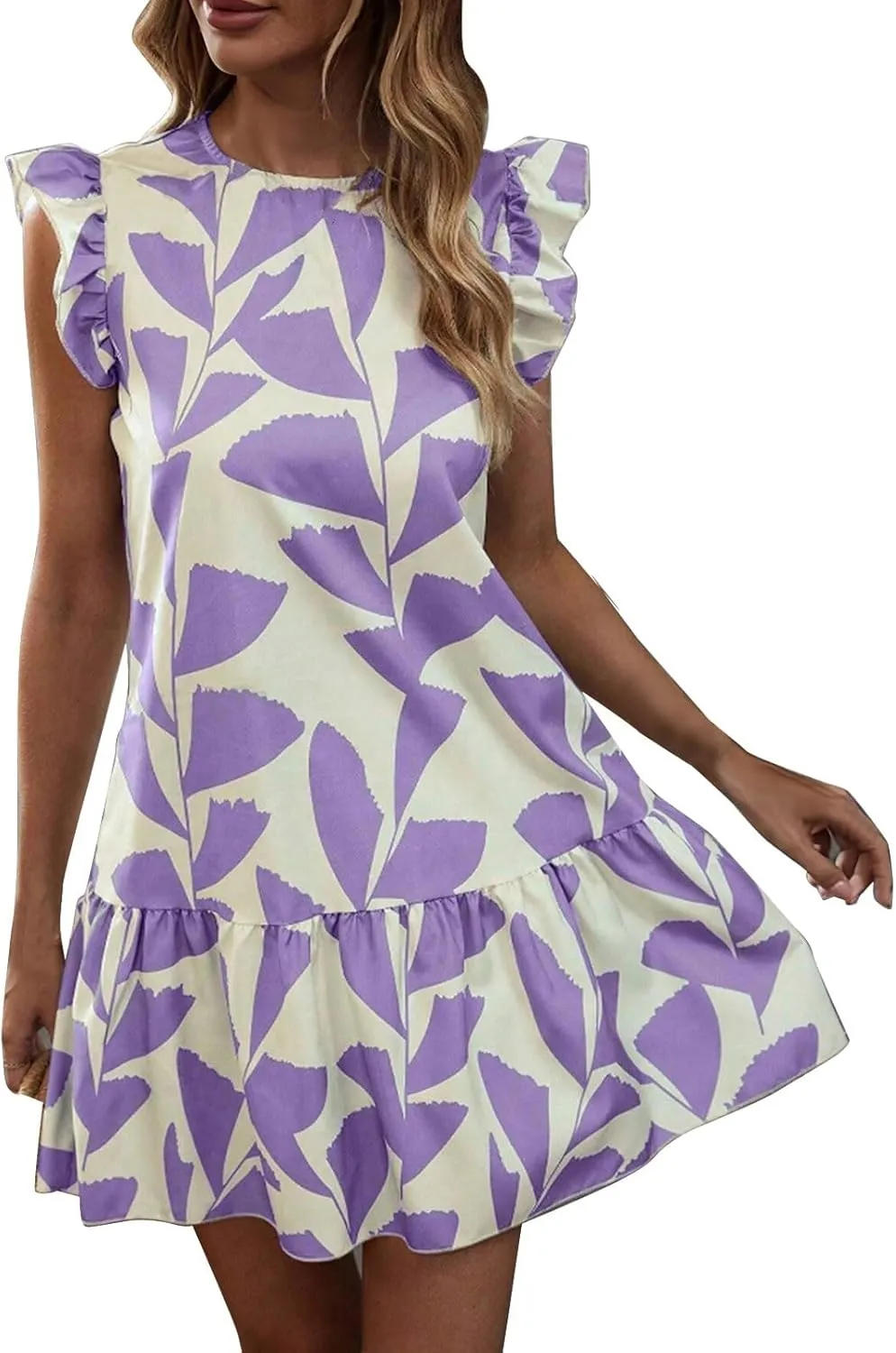 Women 2024 Summer Floral Dresses Flutter Sleeve Ruffle Loose Casual Mini Sundress Outdoor Elegant Beach Vacation Dress