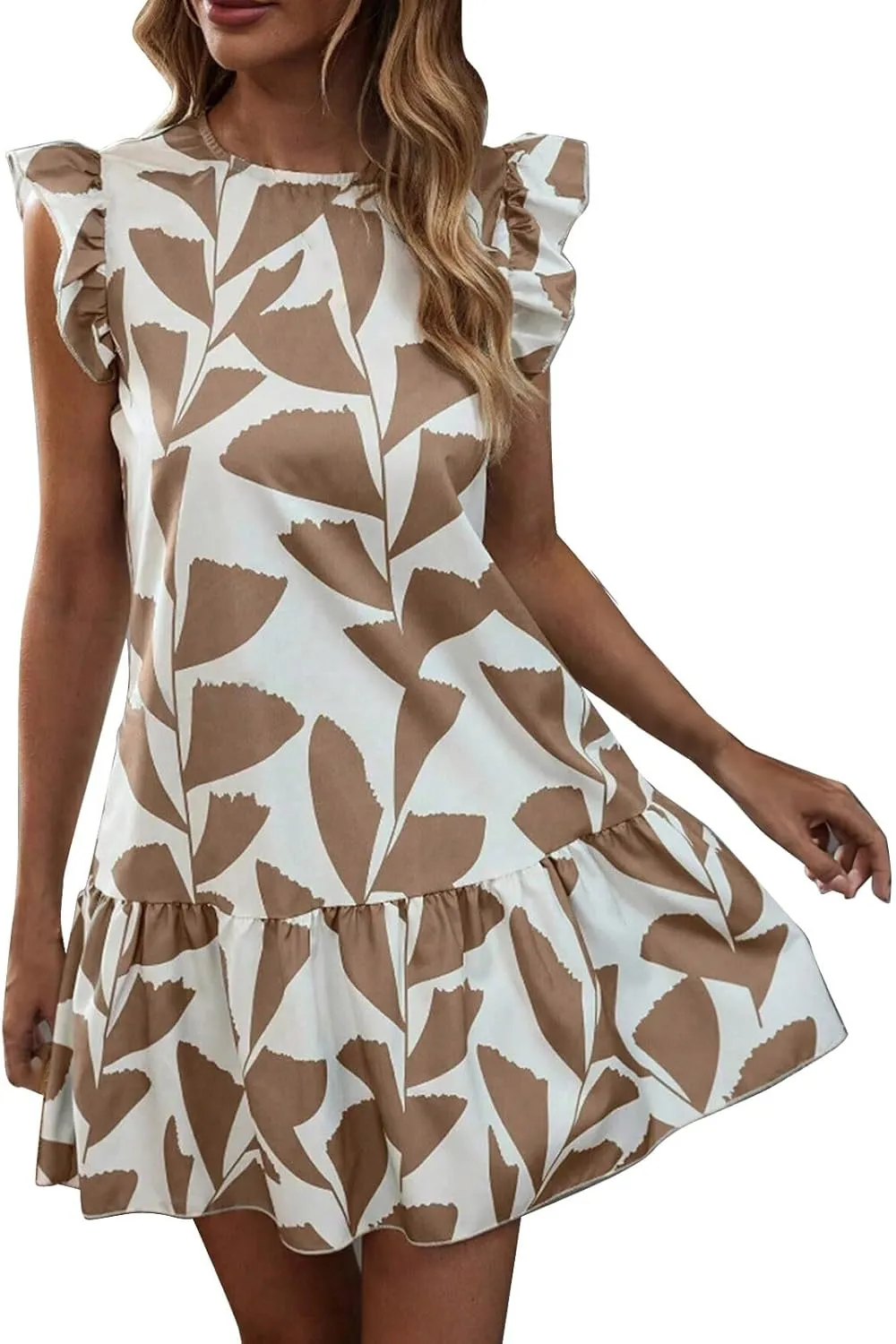 Women 2024 Summer Floral Dresses Flutter Sleeve Ruffle Loose Casual Mini Sundress Outdoor Elegant Beach Vacation Dress