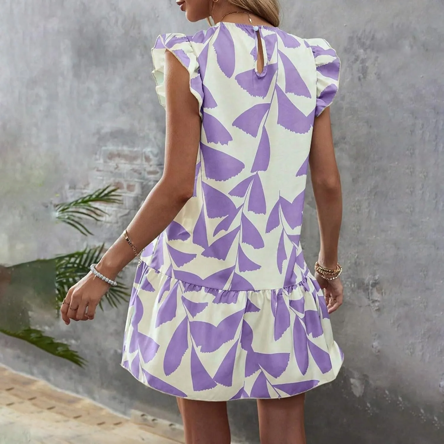 Women 2024 Summer Floral Dresses Flutter Sleeve Ruffle Loose Casual Mini Sundress Outdoor Elegant Beach Vacation Dress