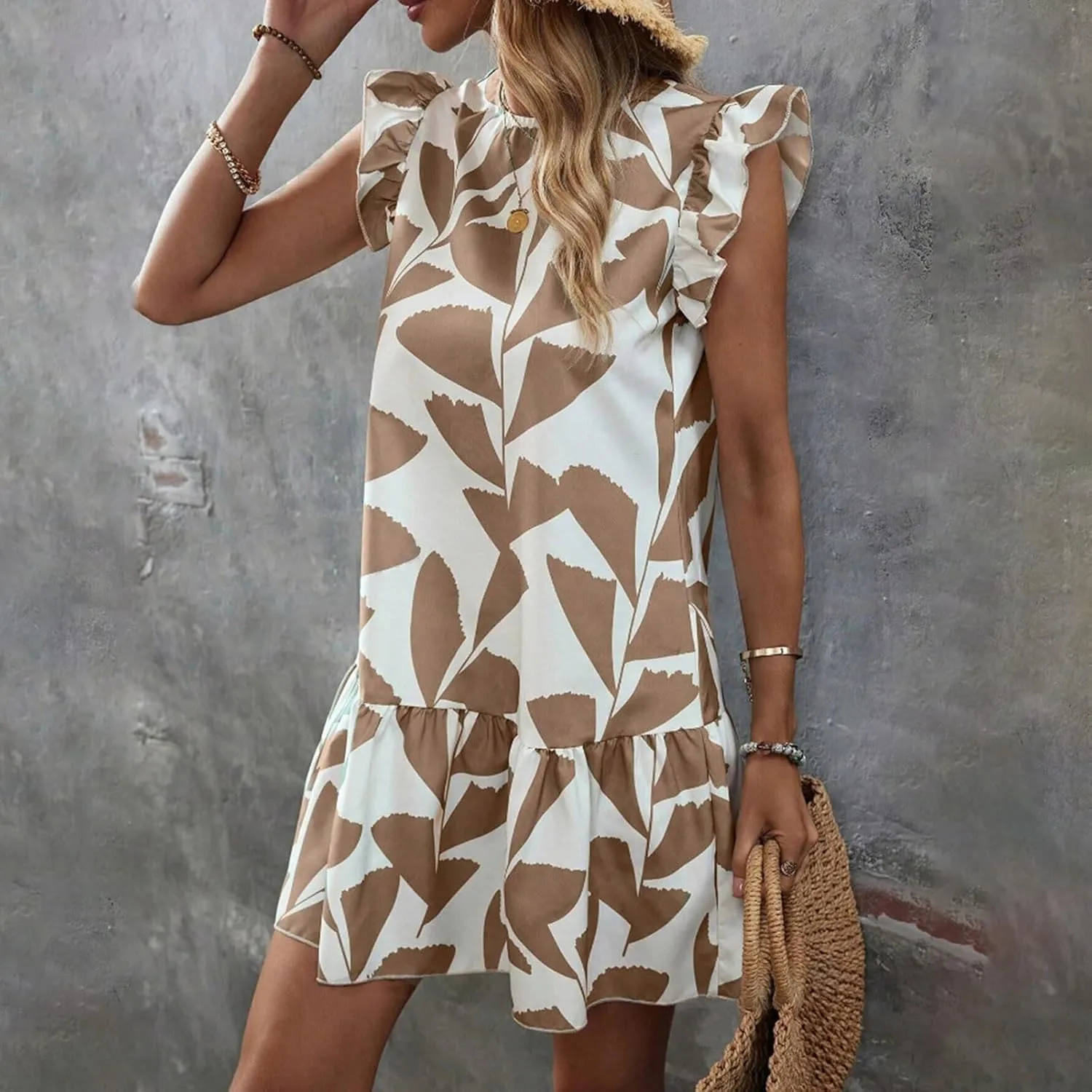Women 2024 Summer Floral Dresses Flutter Sleeve Ruffle Loose Casual Mini Sundress Outdoor Elegant Beach Vacation Dress