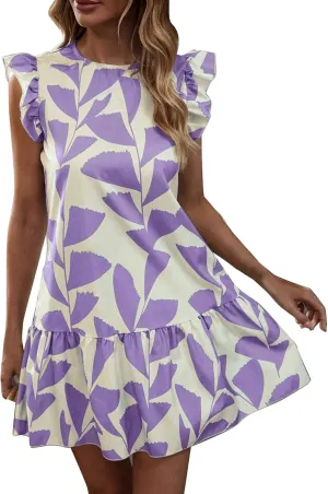 Women 2024 Summer Floral Dresses Flutter Sleeve Ruffle Loose Casual Mini Sundress Outdoor Elegant Beach Vacation Dress