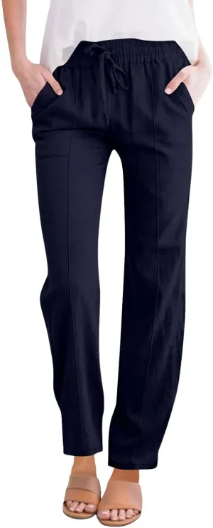 Women Casual Trousers Lightweight Drawstring Elastic Waist Pants with Pockets Straight Leg Lightweight with Pocket