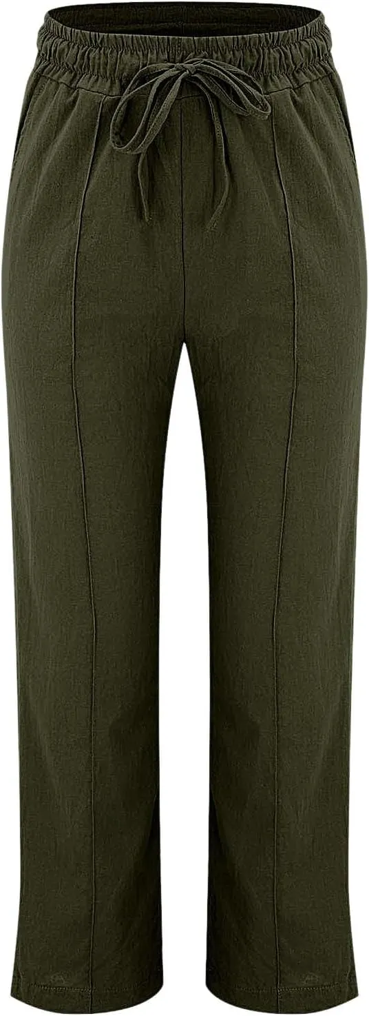 Women Casual Trousers Lightweight Drawstring Elastic Waist Pants with Pockets Straight Leg Lightweight with Pocket