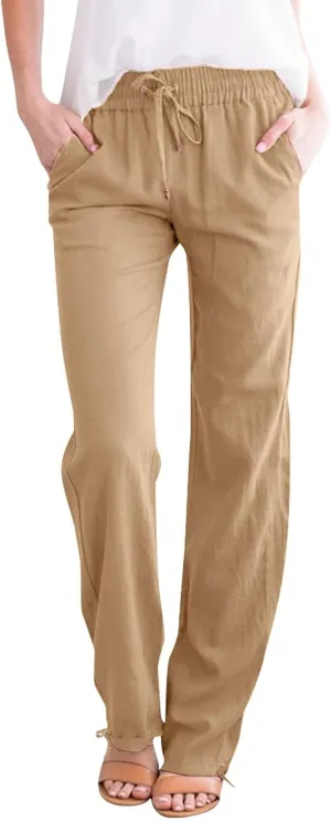 Women Casual Trousers Lightweight Drawstring Elastic Waist Pants with Pockets Straight Leg Lightweight with Pocket