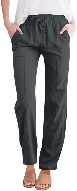 Women Casual Trousers Lightweight Drawstring Elastic Waist Pants with Pockets Straight Leg Lightweight with Pocket