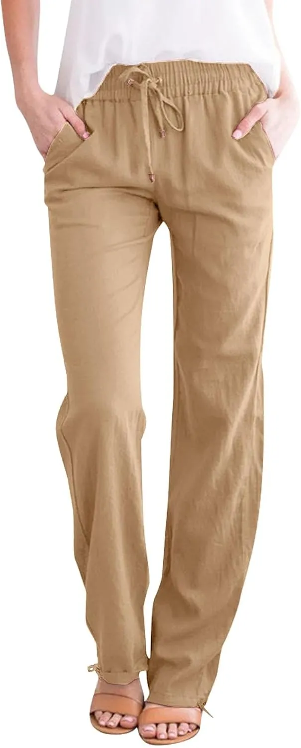 Women Casual Trousers Lightweight Drawstring Elastic Waist Pants with Pockets Straight Leg Lightweight with Pocket
