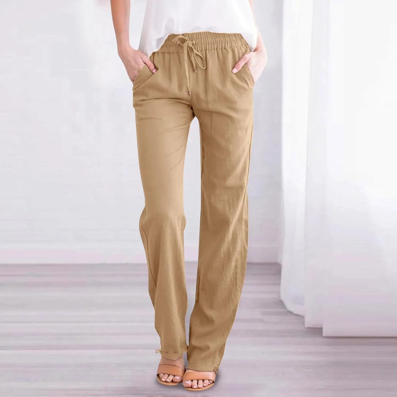 Women Casual Trousers Lightweight Drawstring Elastic Waist Pants with Pockets Straight Leg Lightweight with Pocket
