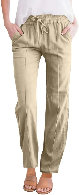 Women Casual Trousers Lightweight Drawstring Elastic Waist Pants with Pockets Straight Leg Lightweight with Pocket