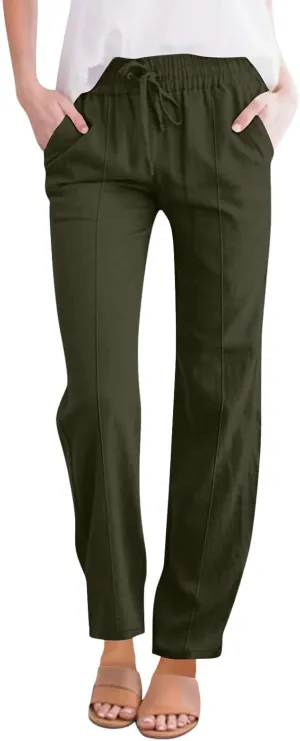 Women Casual Trousers Lightweight Drawstring Elastic Waist Pants with Pockets Straight Leg Lightweight with Pocket