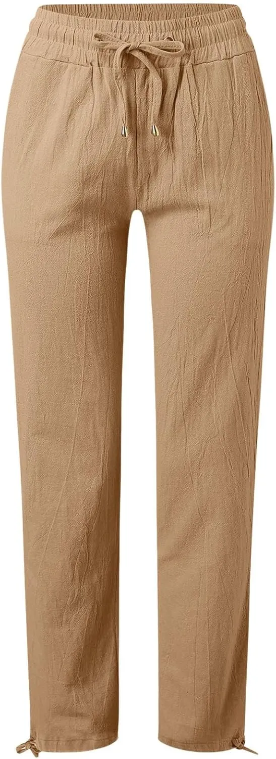 Women Casual Trousers Lightweight Drawstring Elastic Waist Pants with Pockets Straight Leg Lightweight with Pocket
