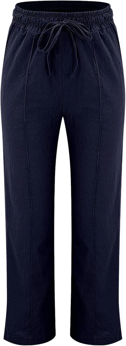Women Casual Trousers Lightweight Drawstring Elastic Waist Pants with Pockets Straight Leg Lightweight with Pocket