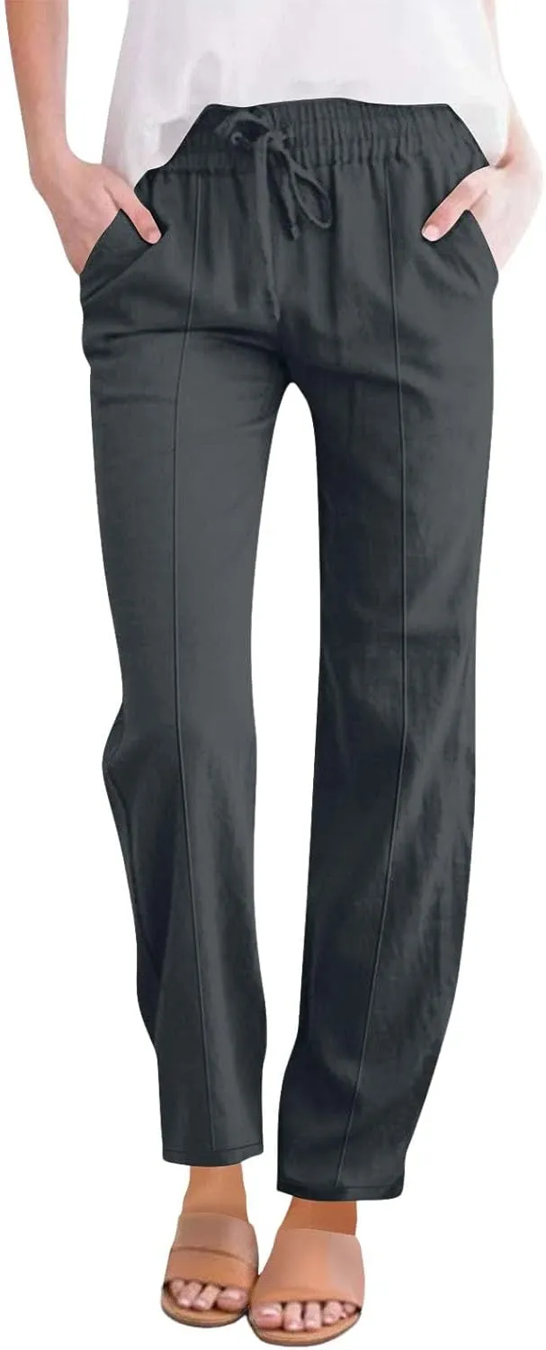 Women Casual Trousers Lightweight Drawstring Elastic Waist Pants with Pockets Straight Leg Lightweight with Pocket