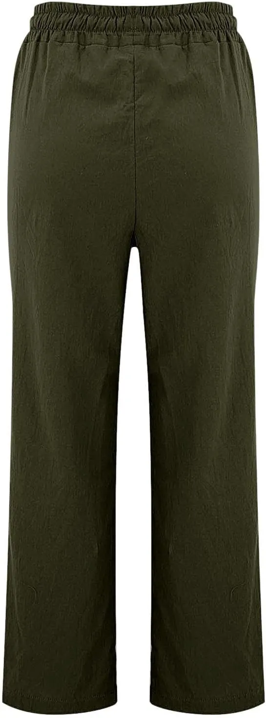 Women Casual Trousers Lightweight Drawstring Elastic Waist Pants with Pockets Straight Leg Lightweight with Pocket