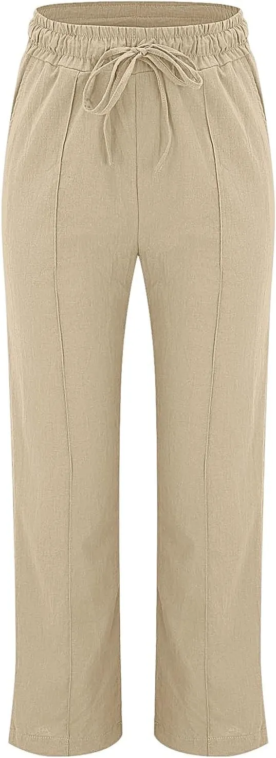 Women Casual Trousers Lightweight Drawstring Elastic Waist Pants with Pockets Straight Leg Lightweight with Pocket