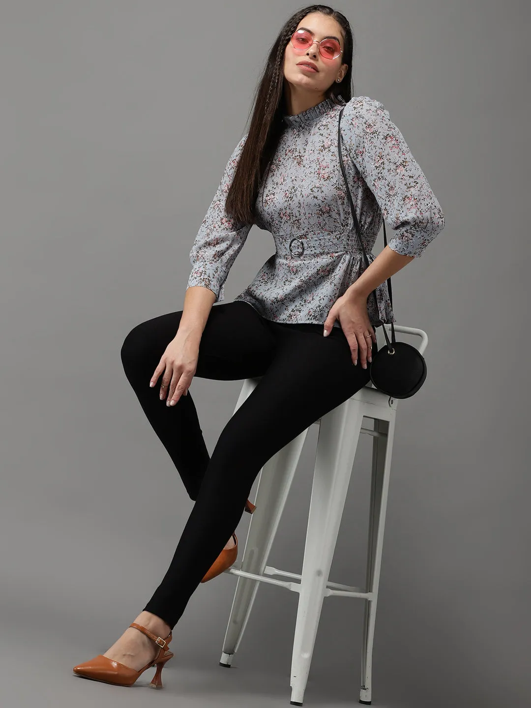 Women Grey Floral Print Georgette Cinched Waist Top