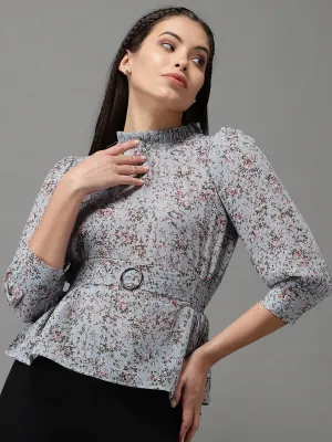 Women Grey Floral Print Georgette Cinched Waist Top