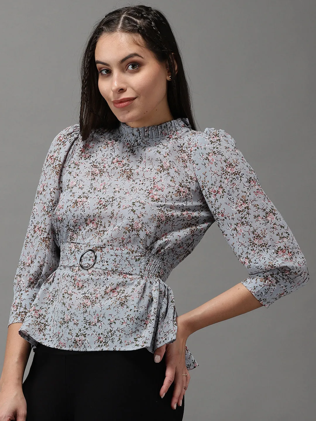 Women Grey Floral Print Georgette Cinched Waist Top