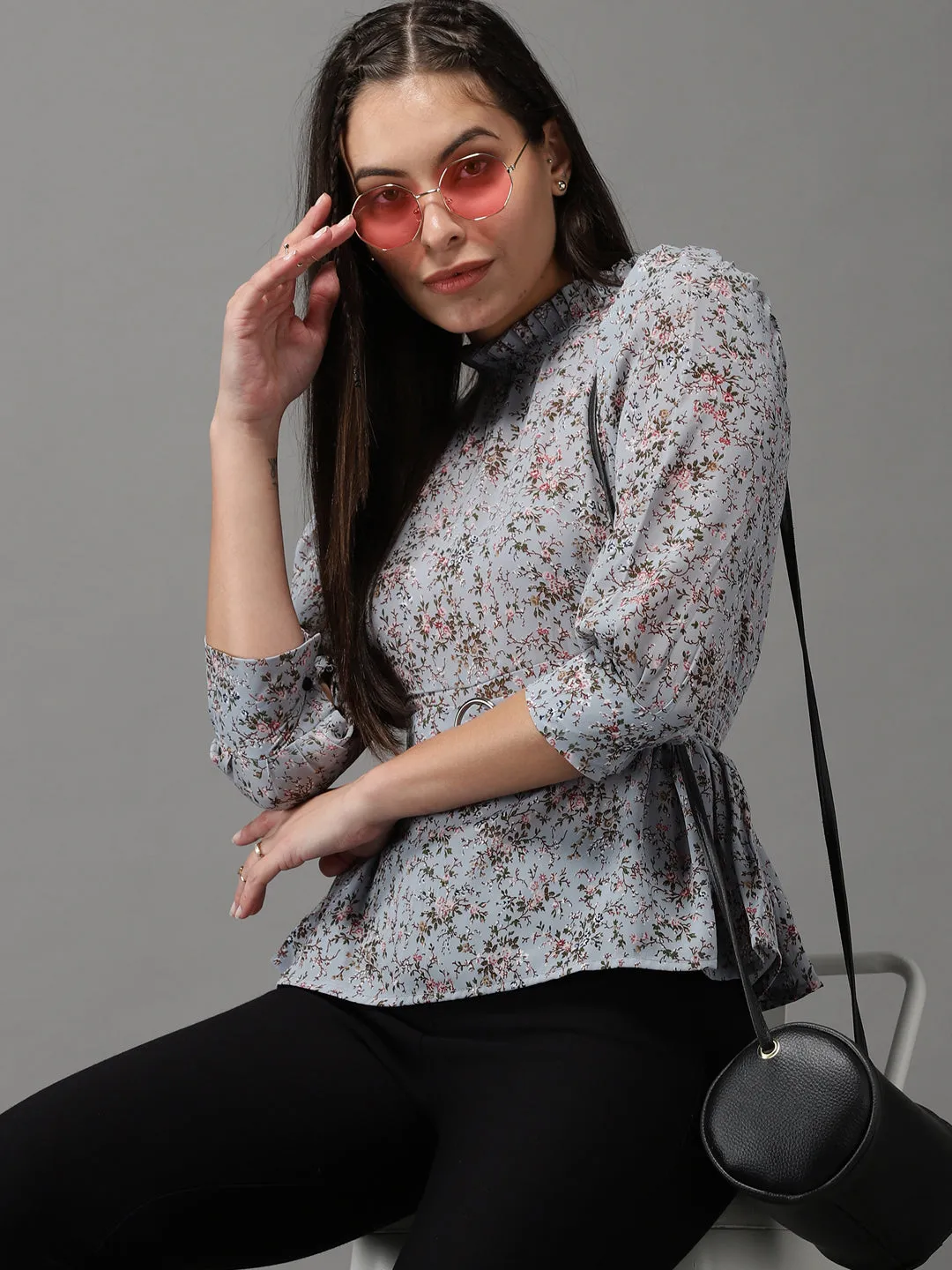 Women Grey Floral Print Georgette Cinched Waist Top