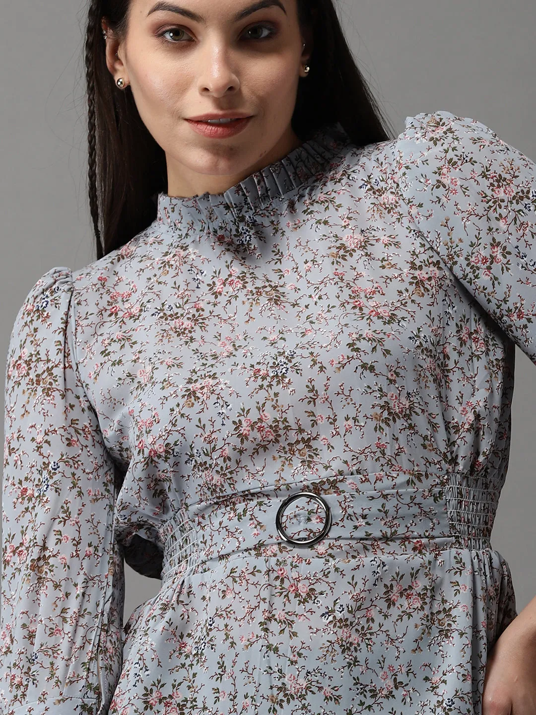 Women Grey Floral Print Georgette Cinched Waist Top